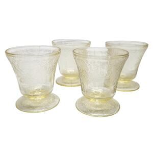 Vintage Set of 4 HAZEL ATLAS Yellow Florentine Squatty Juice Depression Glass